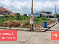 ขายที่ดินสวยแปลงหัวมุม ถมแล้ว โครงการสาครธานี 99.9 ตร วา.  ถ.กิจมณี บางหญ้าแพรก เมืองสมุทรสาคร   ZW486