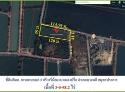 ขายถูกที่ดินถนนศรีวารีน้อย-สายที่2 ข้ามสุวรรณภูมิ เนื้อที่ 3-0-58.2 ไร่ รวมเป็นเงิน 18,870,000 บาท ศรีวารีน้อย ต.หนองปรือ บางพลี สมุทรปราการ